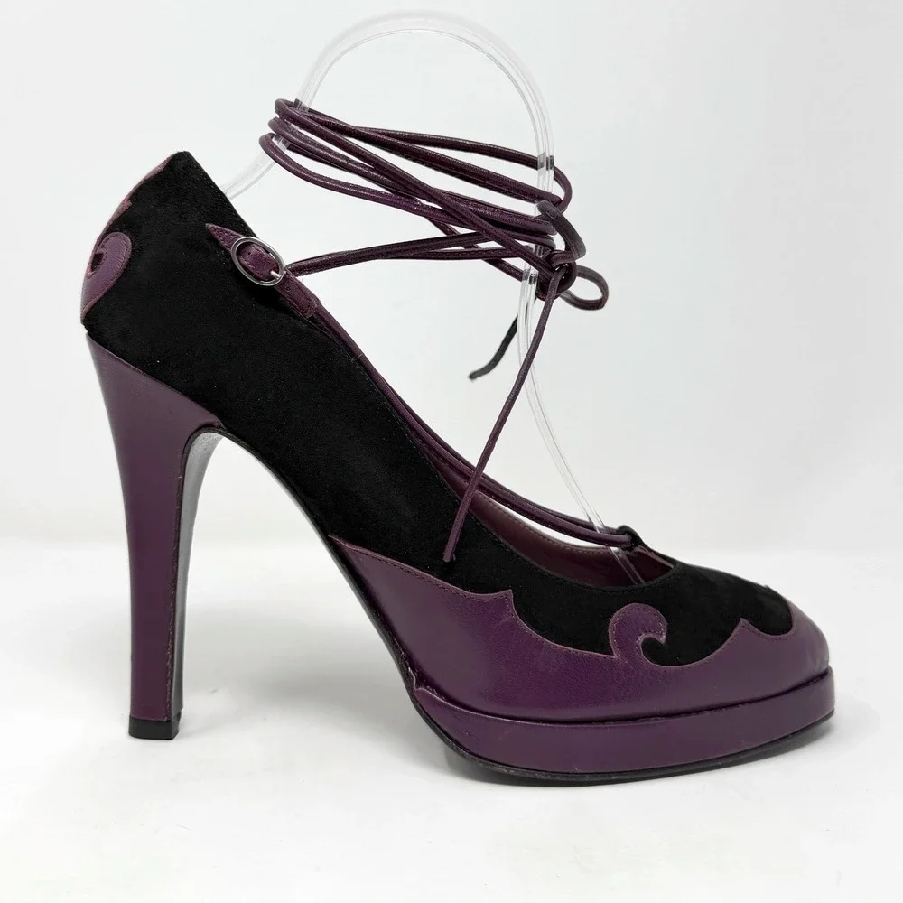 Jill Stuart Lace Up Heels Black Purple Platform‎ Pumps 38
